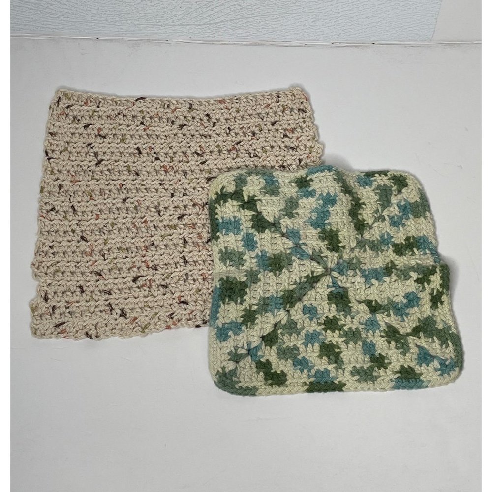 Handmade Square Crochet Washcloth Dish Washing Scrubbies Knit Green Beige
